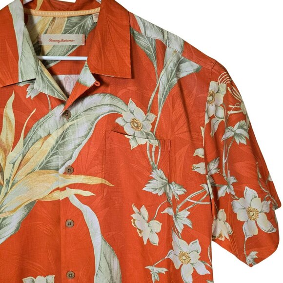 Tommy Bahama Mens XL Orange Tropical Hawaiian Shirt Silk Floral Short Sleeve - Picture 2 of 9
